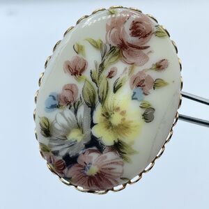 Vintage Gold Tone Floral Porcelain Brooch Pin Spring Colors Floral Beautiful